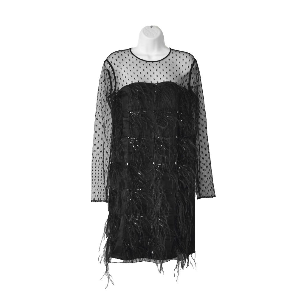 E0 Auth ESCADA Black Mesh Top & Sleeves Ostrich Feather Dress Size 36 $2500